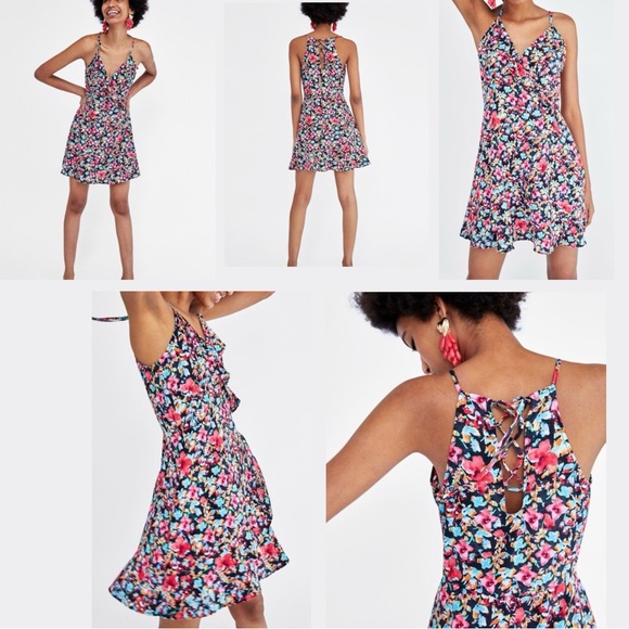Zara Dresses & Skirts - Zara Floral Ruffle Mini Dress Lace Up Back Summer Skater Size M